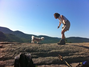 Atop Mt. Dickey after hiking Welch and dickey with Nancy July 13, 2011 asking Junie what she's thinking